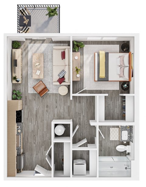 Floor plan for 1 bed, 1 bath, 598 sqft